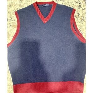 Austin Reed London 100% Lambs Wool Sweater Vest Navy Red Trim Sz L